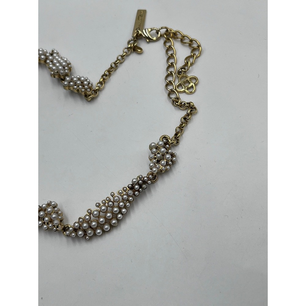 Oscar de la Renta Crystal Torn Paper Pearl Glamour Antique Gold Tone Necklace - Picture 9 of 12